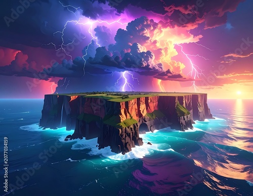 A serene island oasis amidst a turbulent stormy seascape