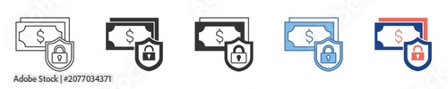 Financial security vector icon set illustrating protected money assets and secure transactions with shield and padlock symbols, ideal for banking safety and investment concepts