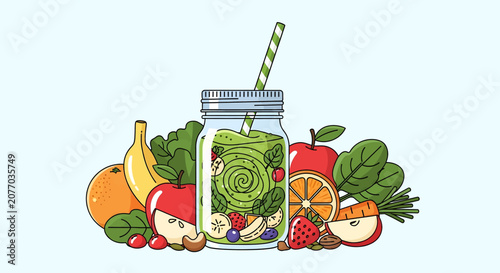 Healthy Fruit and Vegetable Smoothie in Glass Jar.