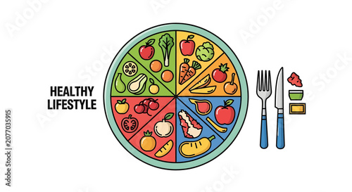 Healthy Lifestyle Food Plate with Fruits Vegetables and Proteins.