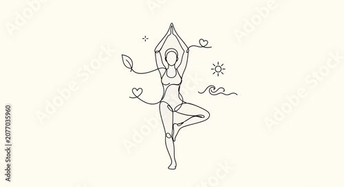 Line Drawing of Person Practicing Yoga Pose in Nature.