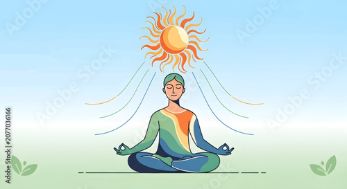 Person Meditating in Lotus Pose with Sun and Nature.