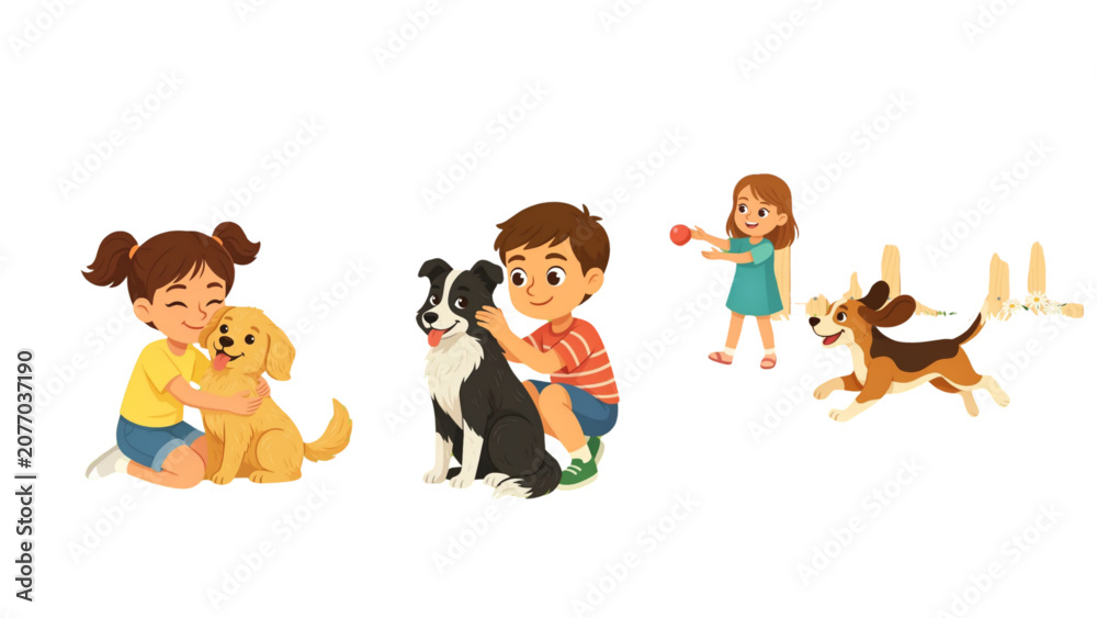 Fototapeta premium Four cartoon characters sitting and relaxing together in a playful outdoor setting with a dog Vector