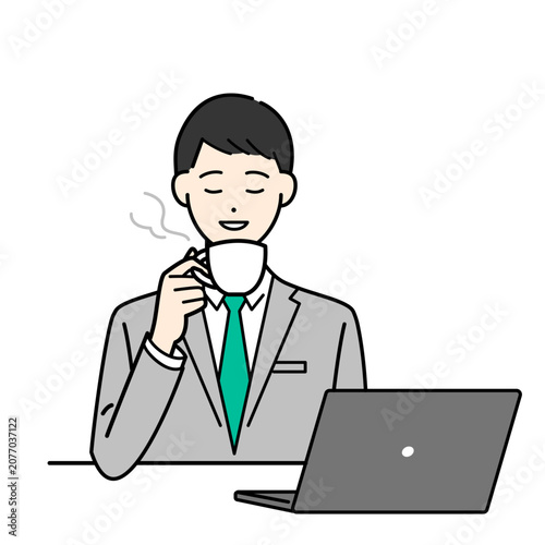 ビジネススーツ姿の男性が優雅にコーヒーを飲んでいるシンプルな上半身ベクターイラスト