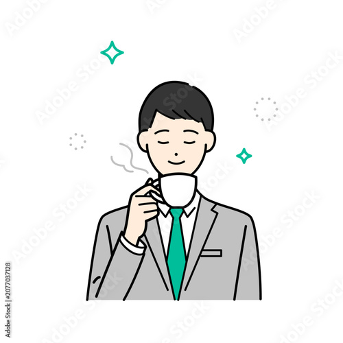 ビジネススーツ姿の男性がゆったりとコーヒーを飲んでいるシンプルな上半身ベクターイラスト