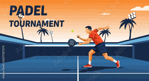 Padel Tournament Action Illustration With Palm Trees And Sunset Sky