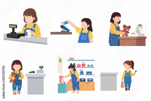 Photos Little girl roleplaying as cashier and customer in a toy store vector illustrati