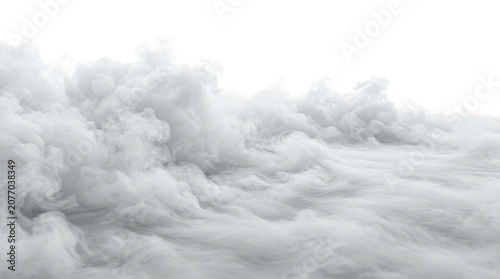 Dense white fog and smoke clouds spreading on a flat ground plane isolated on pure solid background