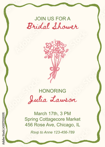 Whimsical bridal shower template with cute floral bouquet line art illustration