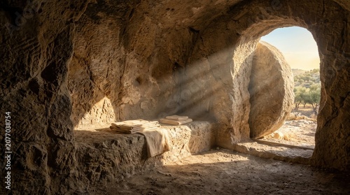 Sunlit empty tomb cave interior with rolled door open and folded linens inside for Easter religious background