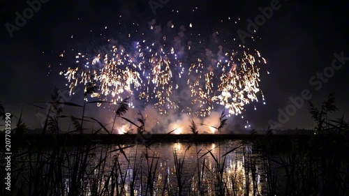 Fireworks explode over water during USA Independence Day celebration at night