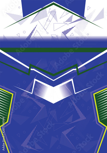 Dynamic racing jersey design vector template with abstract shapes, Esports jersey texture background design for soccer, cricket and gaming, Futuristic blue and green sports jersey pattern layout.