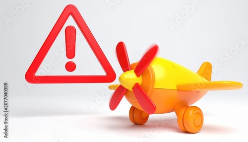3D toy airplane next to red warning sign on white background