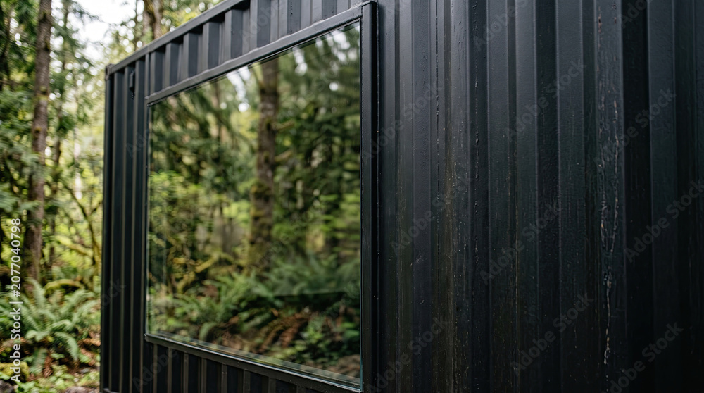 Fototapeta premium Closeup of Black Corrugated Metal Cabin Wall with Window Reflecting Forest