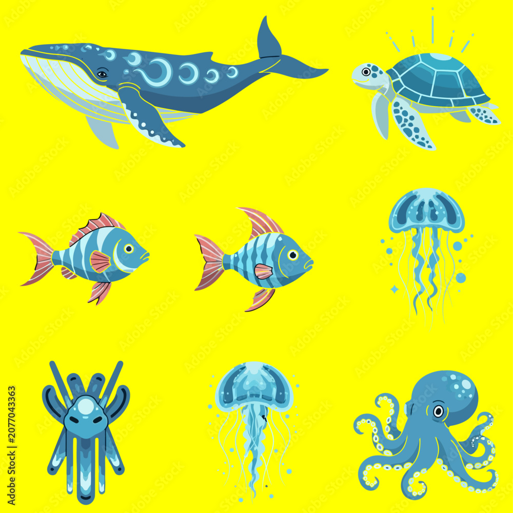 Fototapeta premium Vibrant illustration of marine life including a whale, turtle, fish, jellyfish, octopus, and crab swimming together in ocean