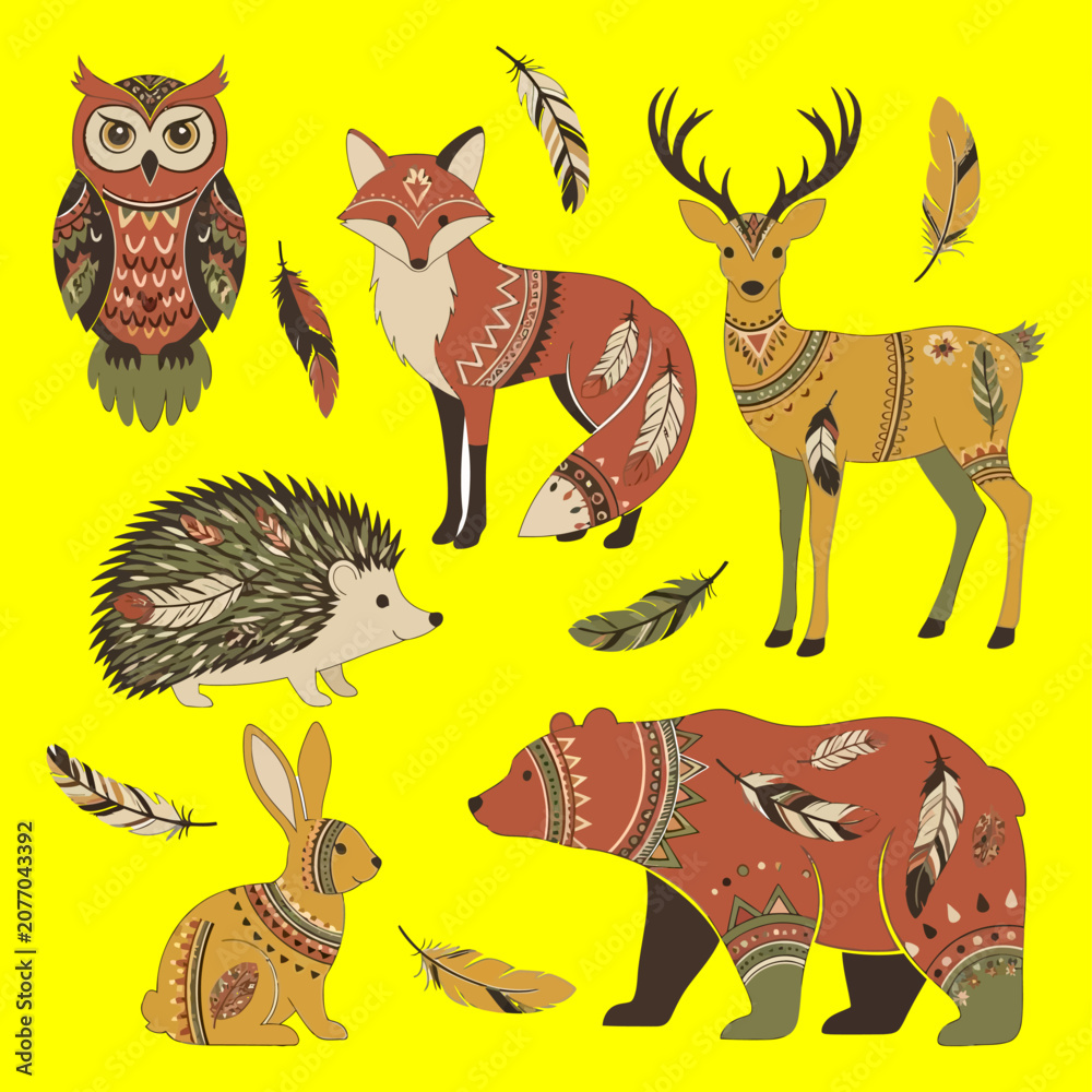 Fototapeta premium Vibrant illustration of animals including an owl, fox, deer, hedgehog, bear, and rabbit adorned with feathers on a bright yellow background with 22.ai concept.