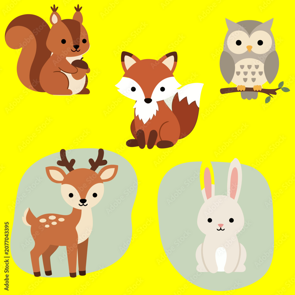 Fototapeta premium A colorful illustration of a forest scene featuring a squirrel, fox, owl, deer, and rabbit on a bright yellow background.