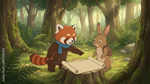 Cute cartoon animals reading a scroll in a lush green forest setting