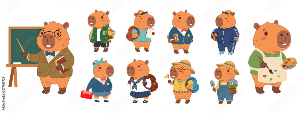 Fototapeta premium Cute cartoon capybara character set, Hand drawn cute capybara animals in back to school and hobbies concept, Vector collection