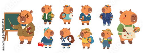 Cute cartoon capybara character set, Hand drawn cute capybara animals in back to school and hobbies concept, Vector collection
