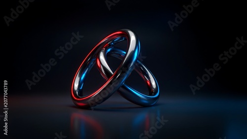Two shiny metal rings with red and blue lights on a dark background
