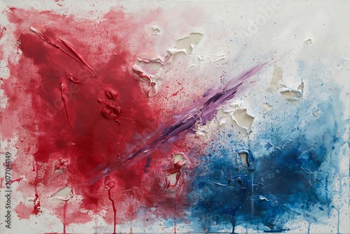 Vibrant abstract painting with red, blue, and white colors on canvas