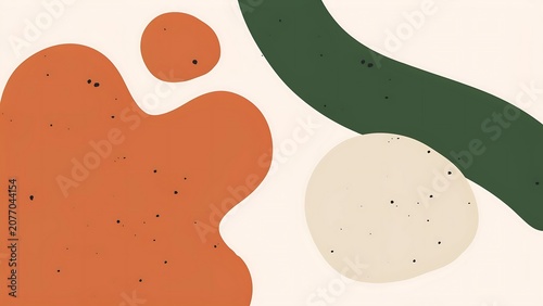 Abstract composition with orange, green, and beige shapes on cream background