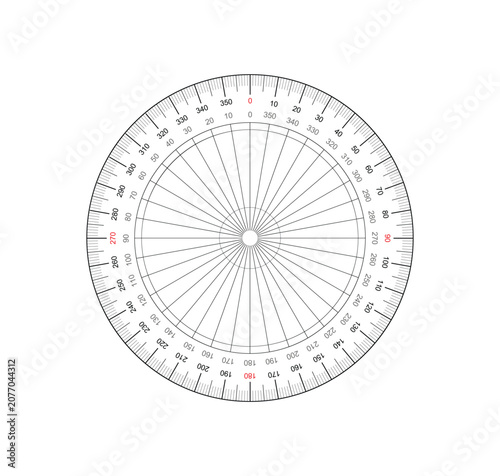 Fotografie Protractor Precision: A clear circular protractor with precise markings for measuring angles, showcasing mathematical tools and geometric measurement
