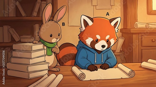 Cute cartoon animals study together in a cozy library setting