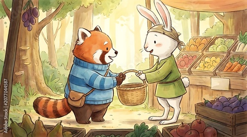 Cute cartoon animals trading goods at a rustic market stall