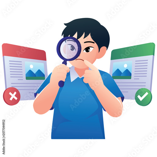 Literasi Digital Anak. Vector illustration of A boy uses a magnifying glass to check online information and compare reliable and unreliable content. Isolated on background