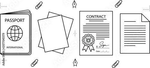 Legal document and travel passport icon set with official contracts signature pages paper sheets and linear outline elements