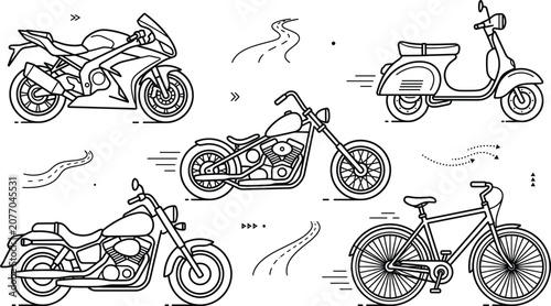 Motorcycle transport vector doodle icon set with sport bike chopper cruiser scooter road and bicycle outline elements