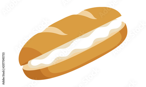 Fresh golden brown bread roll sliced with creamy white filling isolated on white background minimalist food concept