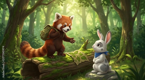 Cute cartoon red panda and rabbit friends in a magical forest