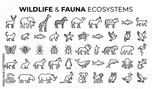 Canvas Print Wildlife and Animal Species Editable Stroke Thin Line Icons Vector Pack