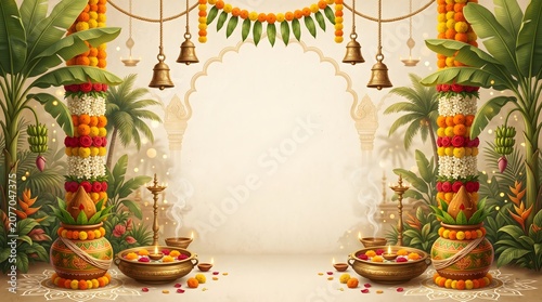 Traditional indian festive backdrop with marigold flowers and brass lamps for religious ceremonies