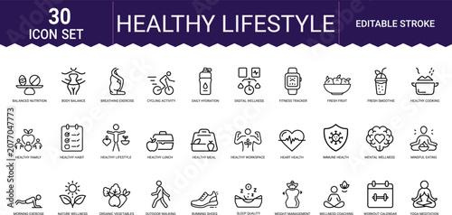 Healthy lifestyle thin line icon set featuring nutrition wellness and fitness activities.