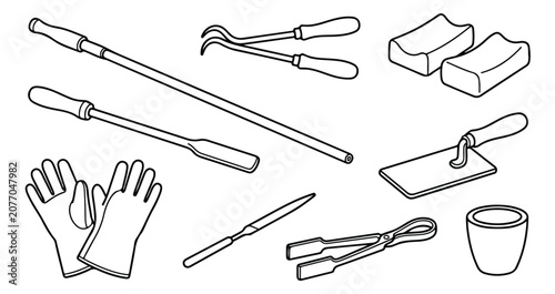 Bild auf Leinwand Black and white line art vector set of metallurgy tools, industrial equipment for metalworking, foundry, and casting processes