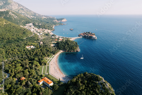 Aerial View of Villa Milocer and Sveti Stefan Island Montenegro Coastline