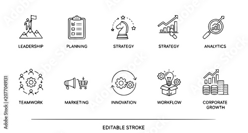 Corporate Business Growth and Management Line Icons Vector Set