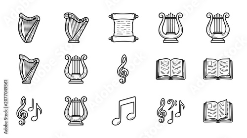 Tableau sur toile Vintage Musical Instruments and Symbols Collection: Harp, Lyre, Notes, Scroll, B