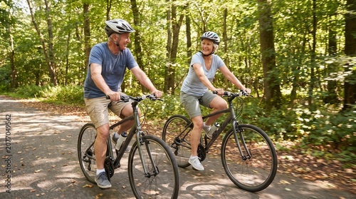 Senior couple cycling through forest trail
