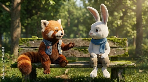 Animated animal friends sitting on park bench outdoors discussing something