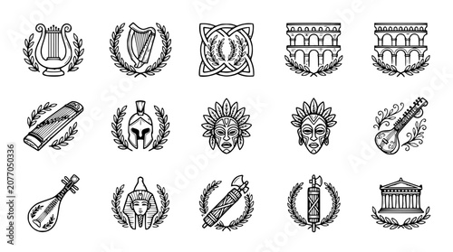 Canvastavla Ancient Culture Symbols: Lyre, Harp, Celtic Knot, Colosseum, Pantheon Icons