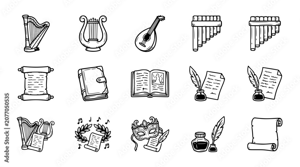 Fototapeta premium Vintage Musical Instruments, Books, Scrolls, and Masque Icons Set