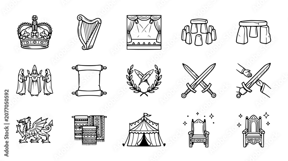 Fototapeta premium Mythical & Historic Icons: Crown, Harp, Stage, Stonehenge, Dragon, Swords, Throne