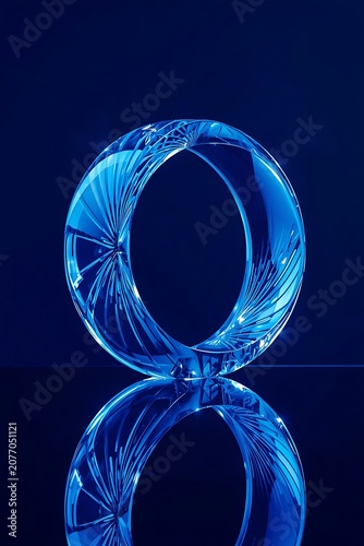 Mesmerizing clear glass ring adorned with intricate geometric facets, beautifully illuminated by a vibrant blue light, creating a stunning symmetrical reflection on a dark, polished surface