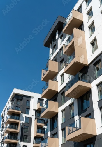 Modern Residential Apartment Buildings with Balconies under Clear Blue Sky, Contemporary Urban Architecture Design