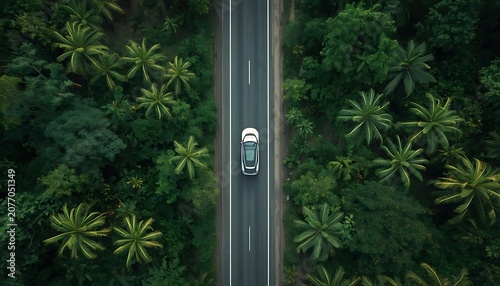 Aerial view of a car on a road through a dense tropical forest with abundant palm trees, representing an adventurous journey into untouched nature